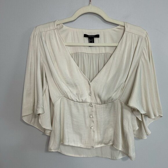 Forever 21 Cream Champagne Faux Satin Button Down V-Neck Blouse Size Small - Picture 2 of 7